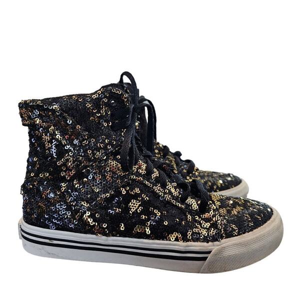 Supra Skytop Sneakers Girls Size 4 Black Gold Sequins Hi-Top Lace Up Sparkly - Picture 1 of 7